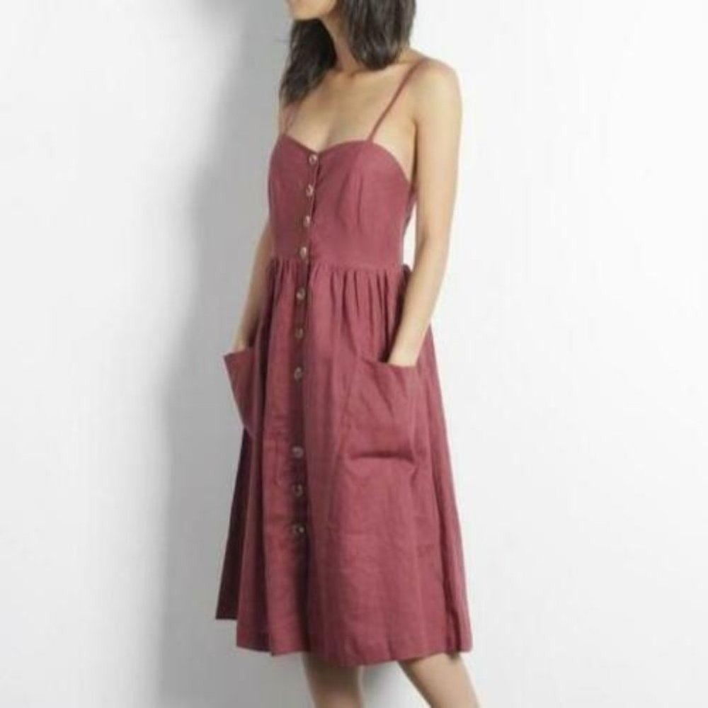 MOD REF Rose Red Linen Blend Button Front Midi Dress Large Pocket